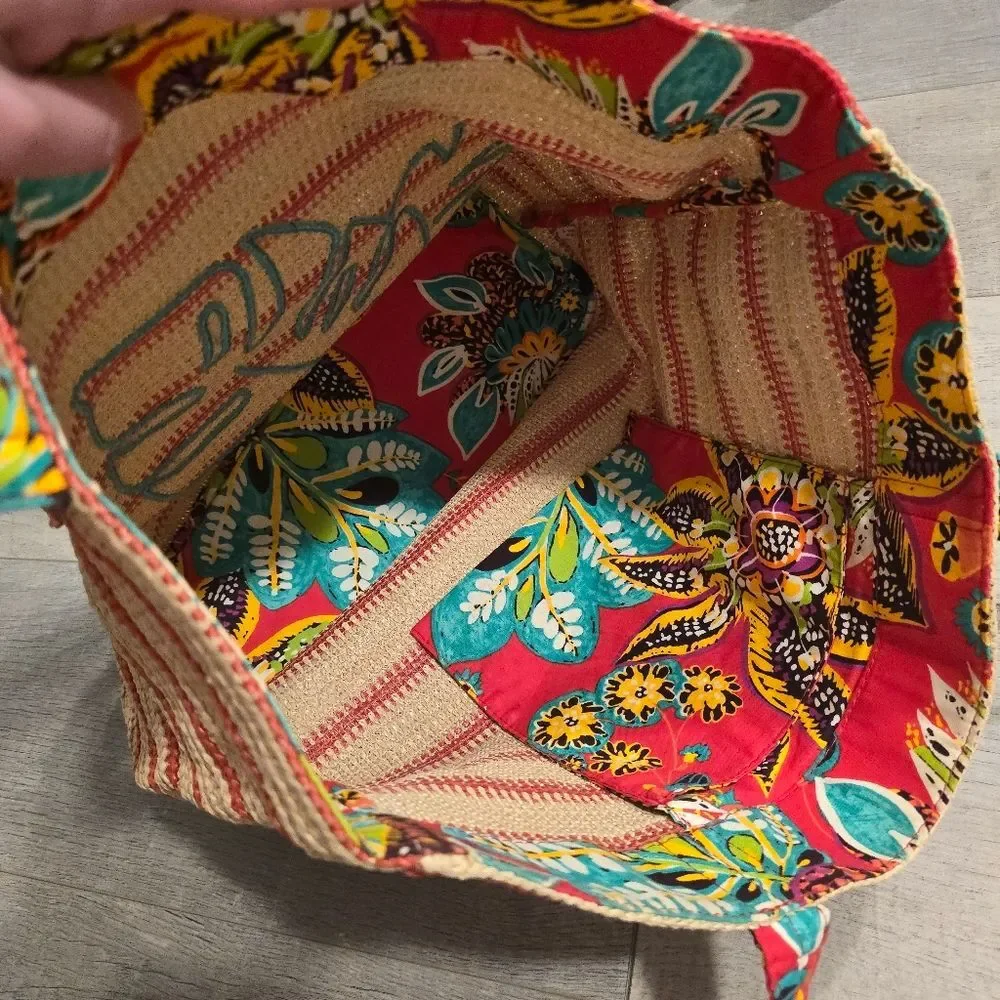 Vera Bradley Straw Bold Paisley Strap Stripe Leaf Embroidered Beach Bag Tote
